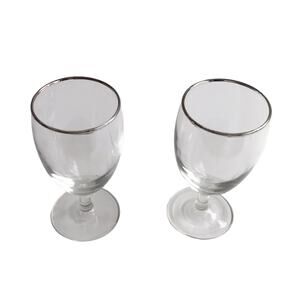 Footed Water Glasses Set of 2 Goblets Silver Rimmed Clear Stemmed Drinking Glass